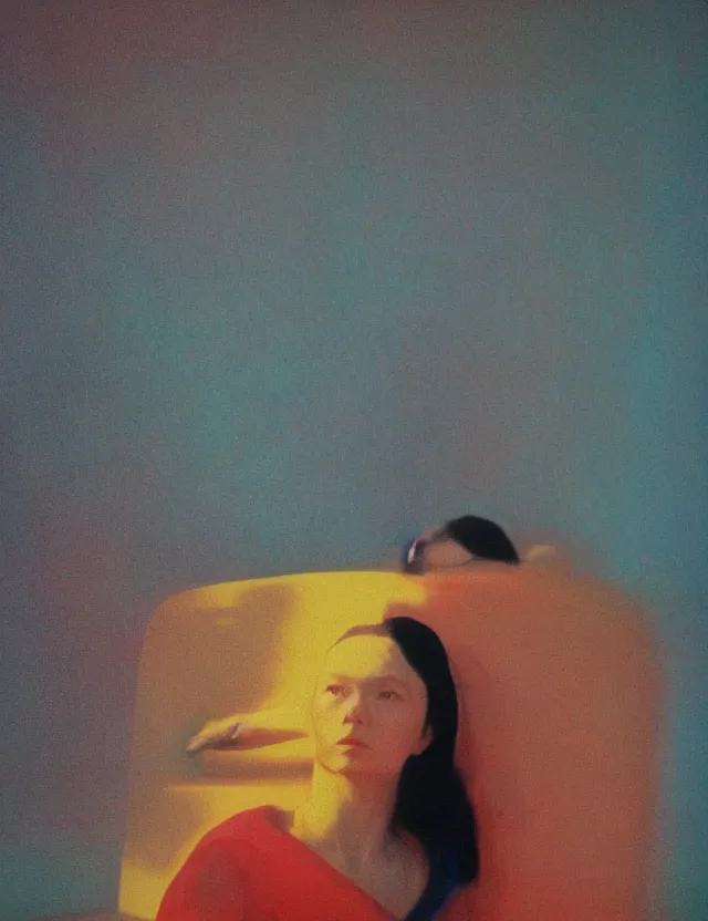 Prompt: woman in dark room sitting on a coach, blue rays from tv, redshift, wide shot, coloured polaroid photograph, pastel, kodak film, hyper real, stunning moody cinematography, by maripol, fallen angels by wong kar - wai, style of suspiria and neon demon, david hockney, detailed, oil on canvas