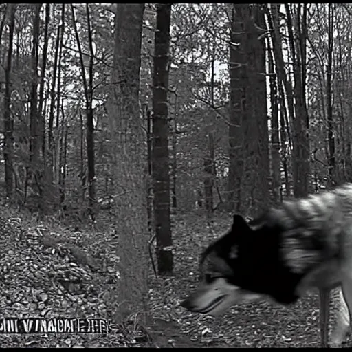 Image similar to trailcam footage of giant huge enormous wolf at night, black and white