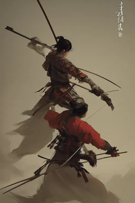 Image similar to Japanese samurai archer, portrait, fierce, intricate, elegant, volumetric lighting, scenery, digital painting, highly detailed, artstation, sharp focus, illustration, concept art, ruan jia, steve mccurry