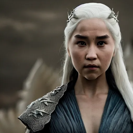 Image similar to justin sun as daenerys game of thrones, 4 k, epic, cinematic, focus, movie still, fantasy, serious, extreme detail, atmospheric, dark colour, sharp focus