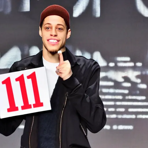Prompt: pete davidson holding up a card that says 1 1 1 1 1 1 1 1 1