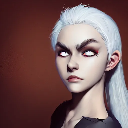 Prompt: Young woman, white hair, black eyes, sharp teeth, pointy ears, pale skin, trending on artstation