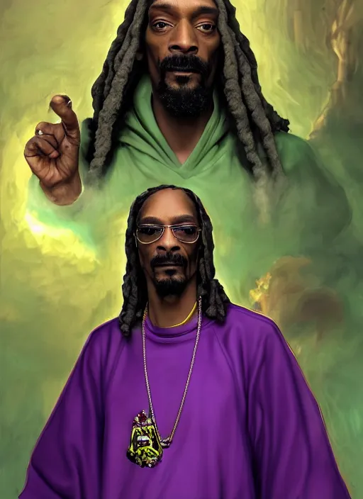 Image similar to snoop dogg as a wizard, short beard, grumpy, intricate green robes with purple accents, Ivan Aivakovsky, Boris Vallejo, epic fantasy character art, D&D Concept Art, full length, Realistic, Regal, Refined, Detailed Digital Art, Oil Paining, Exquisite detail, post-processing, masterpiece, Cinematic Lighting, Unreal Engine, 8k, HD, Stanley Artgerm Lau, WLOP, Rossdraws, Frank Frazetta, Andrei Riabovitchev, Marc Simonetti, trending on artstation,