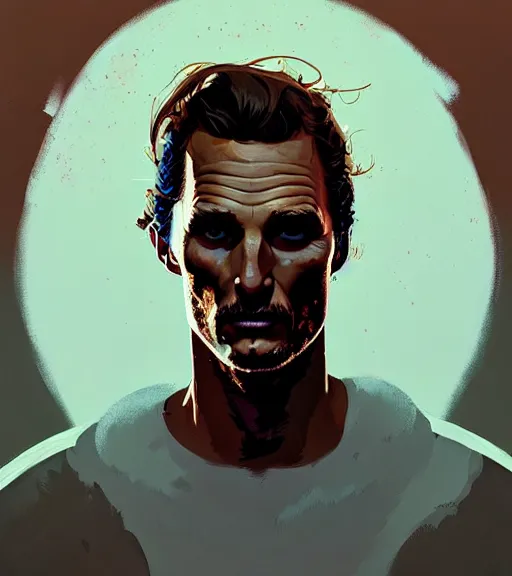 Image similar to portrait of beautiful warrior matthew mcconaughey, by atey ghailan, by greg rutkowski, by greg tocchini, by james gilleard, by joe fenton, by kaethe butcher, dynamic lighting, gradient light blue, brown, blonde cream and white color scheme, grunge aesthetic