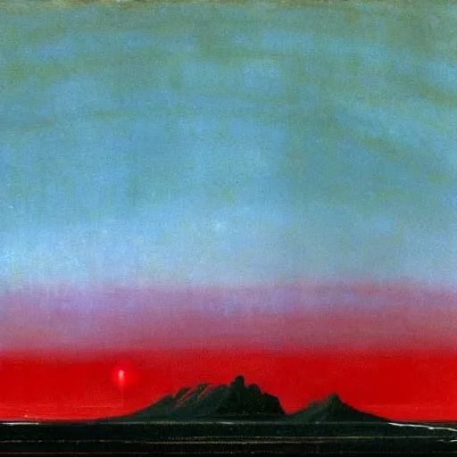 Image similar to the epic abstract painting'blue arctic void with black and red aurora borealis above a tiny inuit village ', by caspar david friedrich!!!, by rothko!!!, stunning masterpiece, trending on artstation