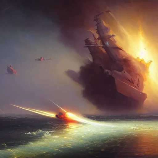 Image similar to ''cinematic shot of an spaceship being hit by a rocket and has to evacuate from the ship made by ivan aivazovsky, peter mohrbacher, greg rutkowski volumetric light effect broad light oil painting painting fantasy art style sci - fi art style realism premium prints available artwork unreal engine