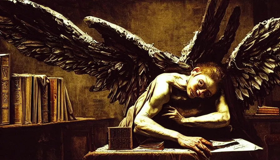 Prompt: the rotting angel sitting on a throne in the destroyed library, night, death, fear, horror, religion, hyperrealism, detailed and intricate environment, by caravaggio, by ridley scott