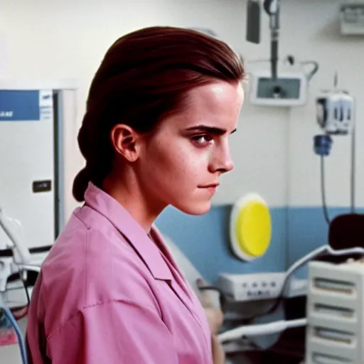 Prompt: emma watson, nurse scrubs, hospital, portrait, mid view head and shoulders, award winning, kodak ektachrome expired blue tint, film still from movie nurses on patrol ( 1 9 8 5 )