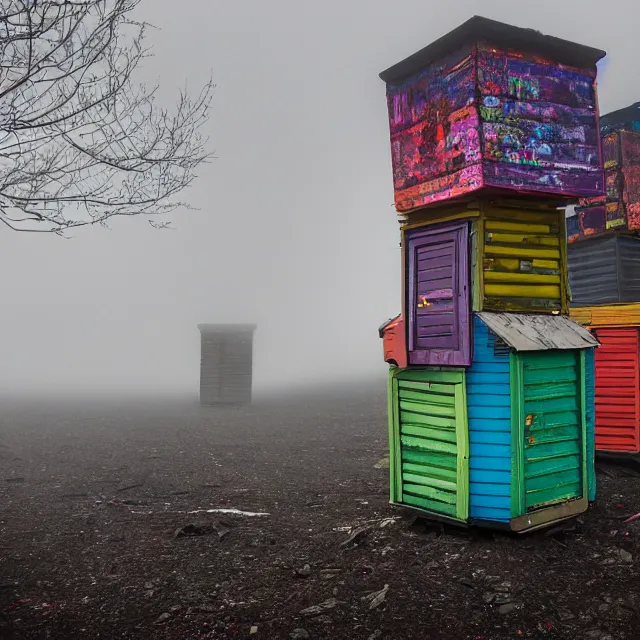 Prompt: three towers, made up of colourful makeshift squatter shacks, uneven fog, dystopia, sony a 7 r 3, f 1 1, fully frontal view, photographed by jeanette hagglund