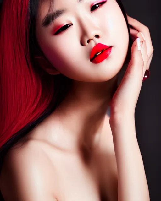 Image similar to photoshoot of du juan, asian model, portrait, cover, skincare, real life skin details, light makeup, beautiful hair, hairstyle, ((red lips)), elegant, soft light, cinematic