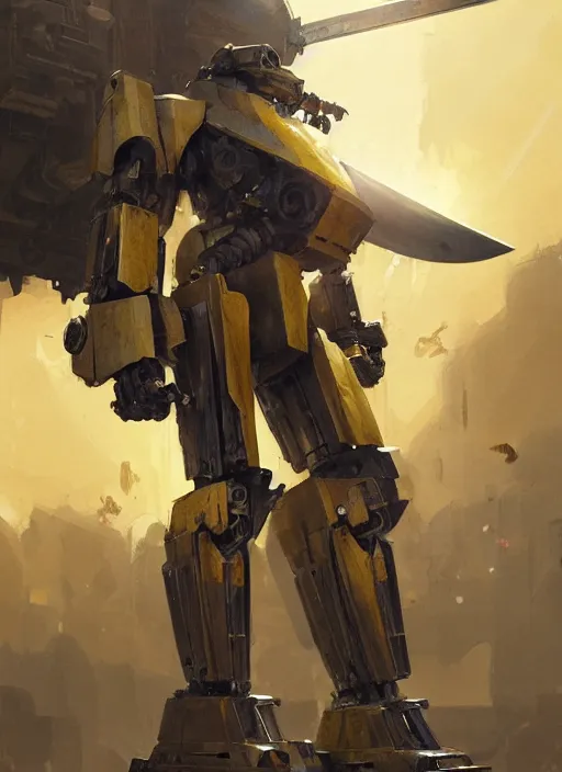 Image similar to human-sized strong intricate yellow pit droid carrying very detailed great sword and beautiful large paladin shield, pancake short large head, exposed metal bones, painterly humanoid mecha, by Greg Rutkowski