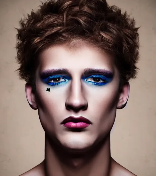 Image similar to beautiful realistic portrait of a beautiful young gay man with makeup, 4 k