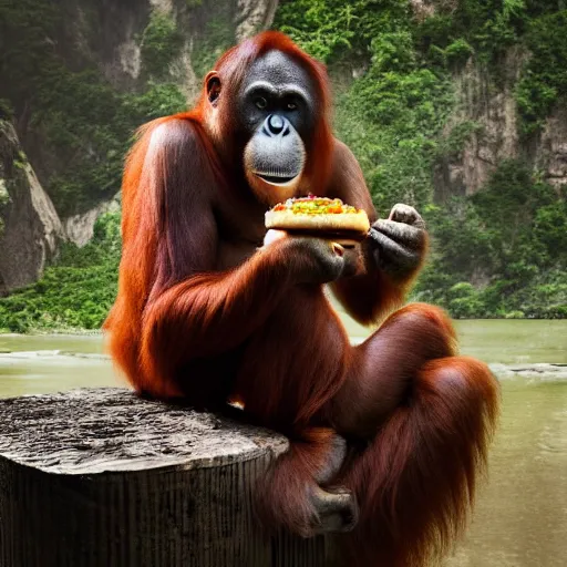 Image similar to an orangutan sitting at a desk, eating a burger, photorealism, 4 k, 8 k, shot by jimmy nelson, intricate