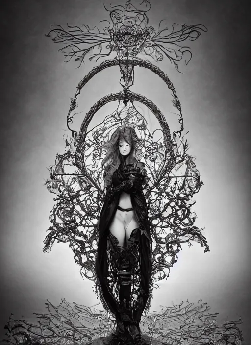 Prompt: a portrait of a female by stefan geselle and nekro borja, photorealistic, intricate details, hyper realistic, fantasy, elegant, baroque, ornate, photorealistic, canon r 3, photography, wide shot, symmetrical features, symmetrical pose, wide angle shot, head to toe, standing pose, feet on the ground, wearable art