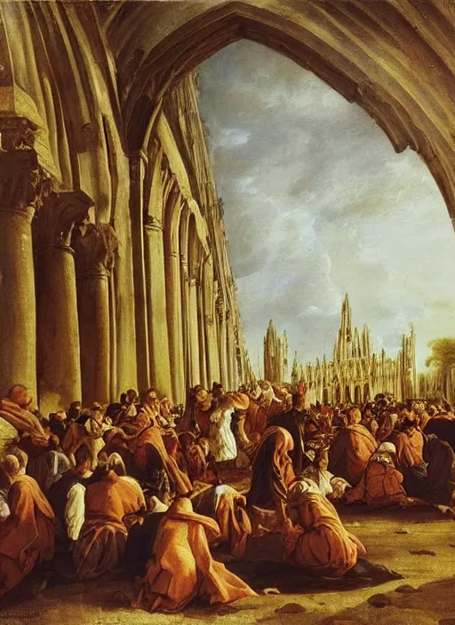 Image similar to elisabeth louise vigee - le brun painting of large crowd of medieval monks gathered at giant gothic ruins cathedral and raising a magical glowing spirit, old master painting with stunning lighting and details photoreal dusk sun lit light,