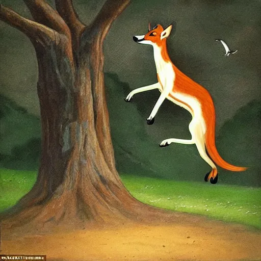 Prompt: a mexican greyhound flaps its wings dramatically as a crafty fox jumps out from behind a tree to take it down, fantasy art