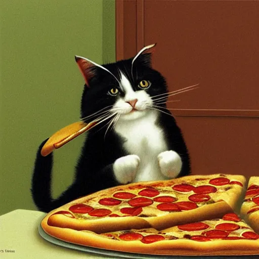 Prompt: calico cat eating pizza by Quint Buchholz