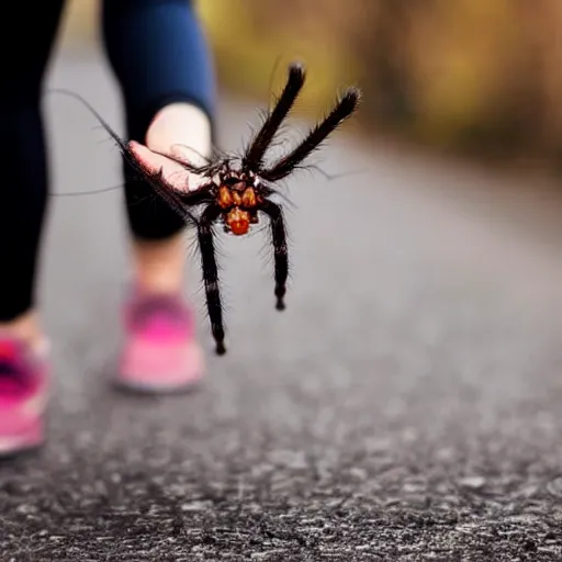 Image similar to a woman going for walk, holding hands with a spider.