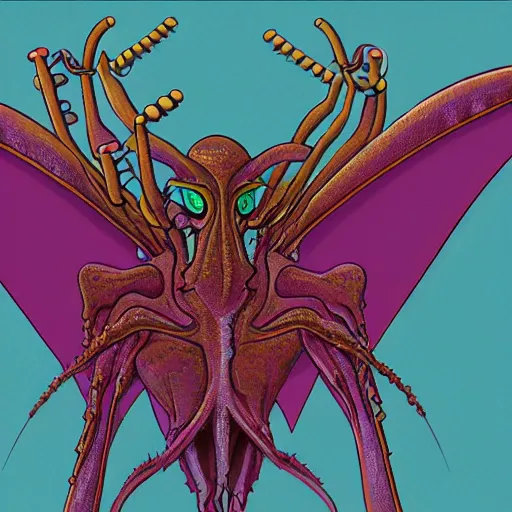 Prompt: An alien creature of uncertain origin, its shapeless pink body bears numerous sets of paired appendages of unknown function, and a pair of ribbed, membranous wings and an odd, vaguely pyramid-shaped head that bristles with numerous wavering antennae, Lovecraftian, highly detailed, rich and deep colors.