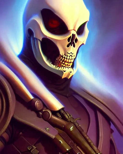 Image similar to reaper from overwatch, character portrait, portrait, close up, highly detailed, intricate detail, amazing detail, sharp focus, vintage fantasy art, vintage sci - fi art, radiant light, caustics, by boris vallejo