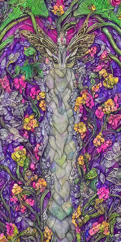 Prompt: intricate colourfully painted carved Soapstone relief paneling of a fairy dragon, faerie, silver and sapphire, mythical, vibrant vegetation, trees, flowers, colorful vines, dark atmosphere, bright colors, vivid colors, Ghostly, ornate, mystical, fantasy, crystaline celtic, insanly detailed , trending on artstation, wallpaper, hyper realistic, realistic lighting, ambient occlusion, 8k, unreal engine, octane render, HDR, HD, award winning, featured, VFX, CGI, matching colors, color theory