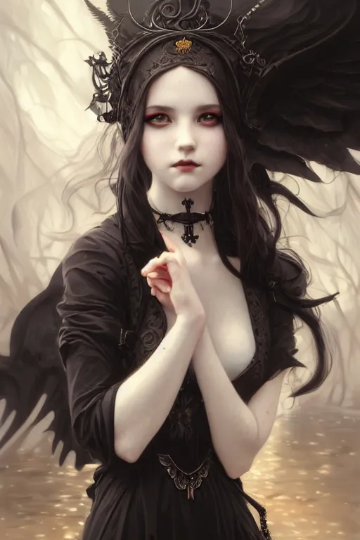 Image similar to portrait of radical lolita girl, dreamy and ethereal, dark eyes, peaceful expression, ornate goth dress, dark fantasy, chaotic, elegant, black crows flying, highly detailed, digital painting, artstation, concept art, smooth, sharp focus, illustration, art by artgerm and greg rutkowski and alphonse mucha