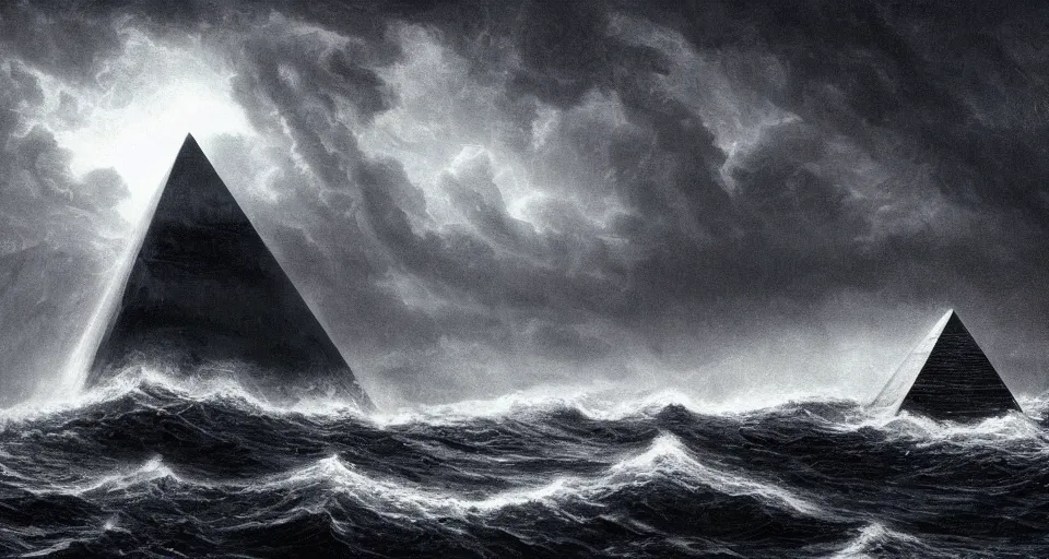 Image similar to black lovecraftian eldritch!! obsidian pyramid!! with a man standing on top of it on a snowy island, raging stormy seas, shadow of a creature in the background by eugene von guerard, ivan shishkin, night, red lightning!!, storm!, dramatic lighting, concept art, trending on artstation, 8 k