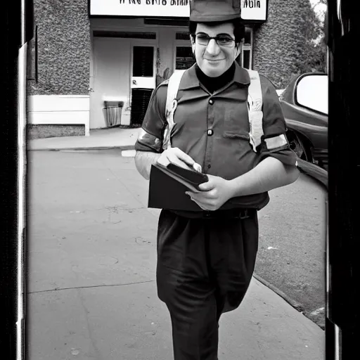 Prompt: a picture of kevin mitnick dressed as a paper boy from the 6 0 s, canon, black and white, high resolution, perfect face, detailed face