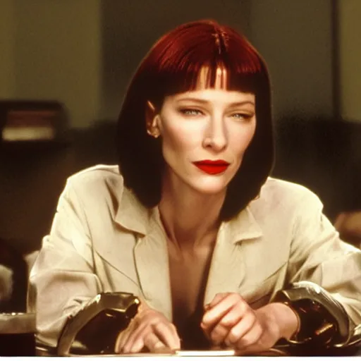 Prompt: Cate Blanchett instead of John Travolta in Pulp Fiction