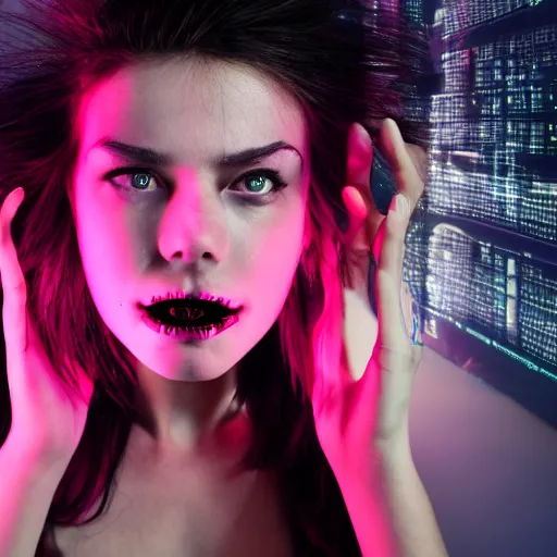 Image similar to a terrifying but beautiful young woman with wires for hair, full body, glowing eyes, razor sharp teeth, computers, horror, studio lighting, 8 5 mm f 1. 8, cyberpunk, full body portrait, masterpiece, trending, highly detailed, realistic