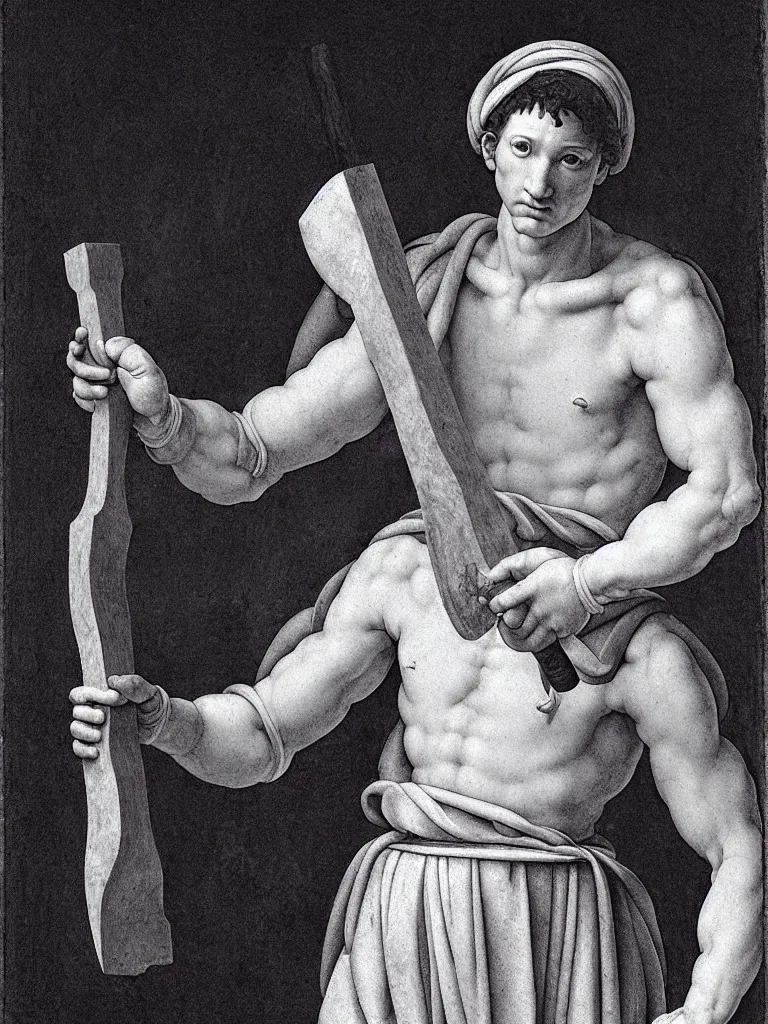 Image similar to a twenty - something michelangelo wearing peasant clothing of the renaissance holds a chisel in one hand and a mallet in the other, in the background a rectangular prism of white marble with gray streaks, photorealistic, hyperdetailed, studio lighting, octane render, caustics