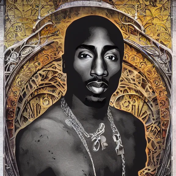 Image similar to tupac shakur art nouveau matte painting, highly detailed,