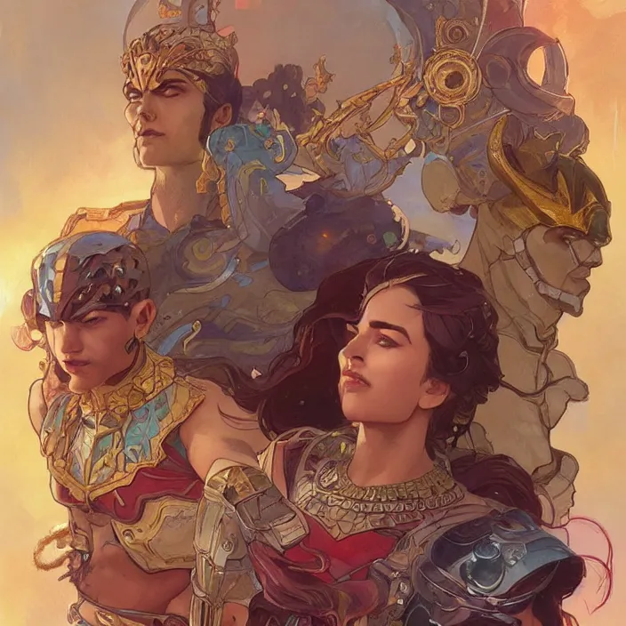 Prompt: gatot kaca as super heroes, closed up portrait, highly detailed, gold filigree, fantasy, soft cinematic lighting, award, disney concept art, watercolor illustration by mandy jurgens and alphonse mucha and alena aenami, pastel color palette, featured on artstation