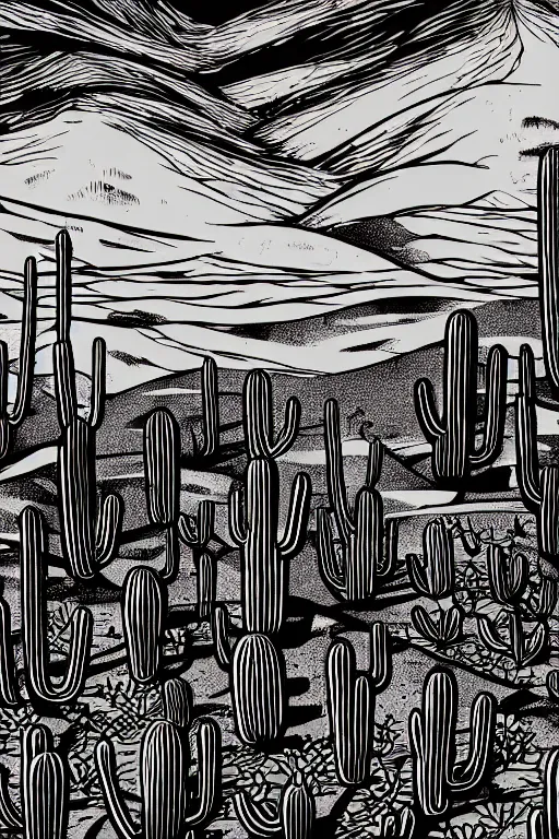Prompt: art by brian reedy, a beautiful black ink linocut print of a desert with a few cactuses here and there, 8 k, frostbite 3 engine, cryengine, dof, trending on artstation, digital art, crepuscular ray