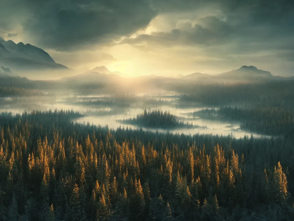 Image similar to epic crystalline taiga with a lake, golden hour, misty ground, rocky ground, distant mountains, atmospheric perspective, altostratus clouds, planets, cinematic, 3 5 mm lens, photographic, octane render, cinematography by roger deakins, in the style of ansel adams