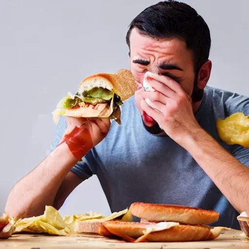Prompt: man eating a messy sandwich and crying, food falling onto the table, sadness