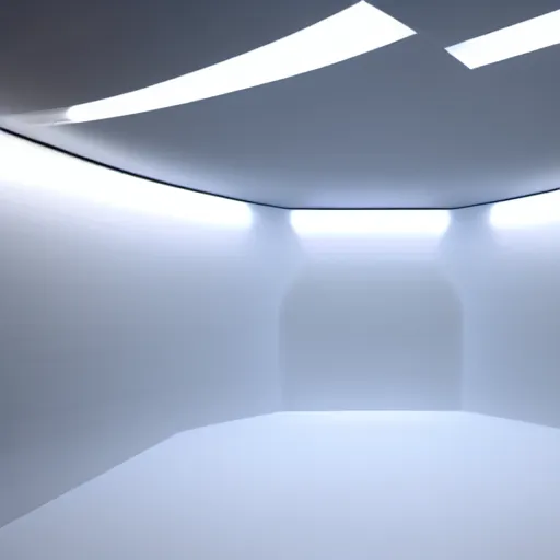 Image similar to a white room 1 2 ft long x 1 0 ft wide x 8 ft tall, geometrically perfect, clean and empty, sci fi spaceship futuristic paneling unreal engine, general studio lighting, 8 k,