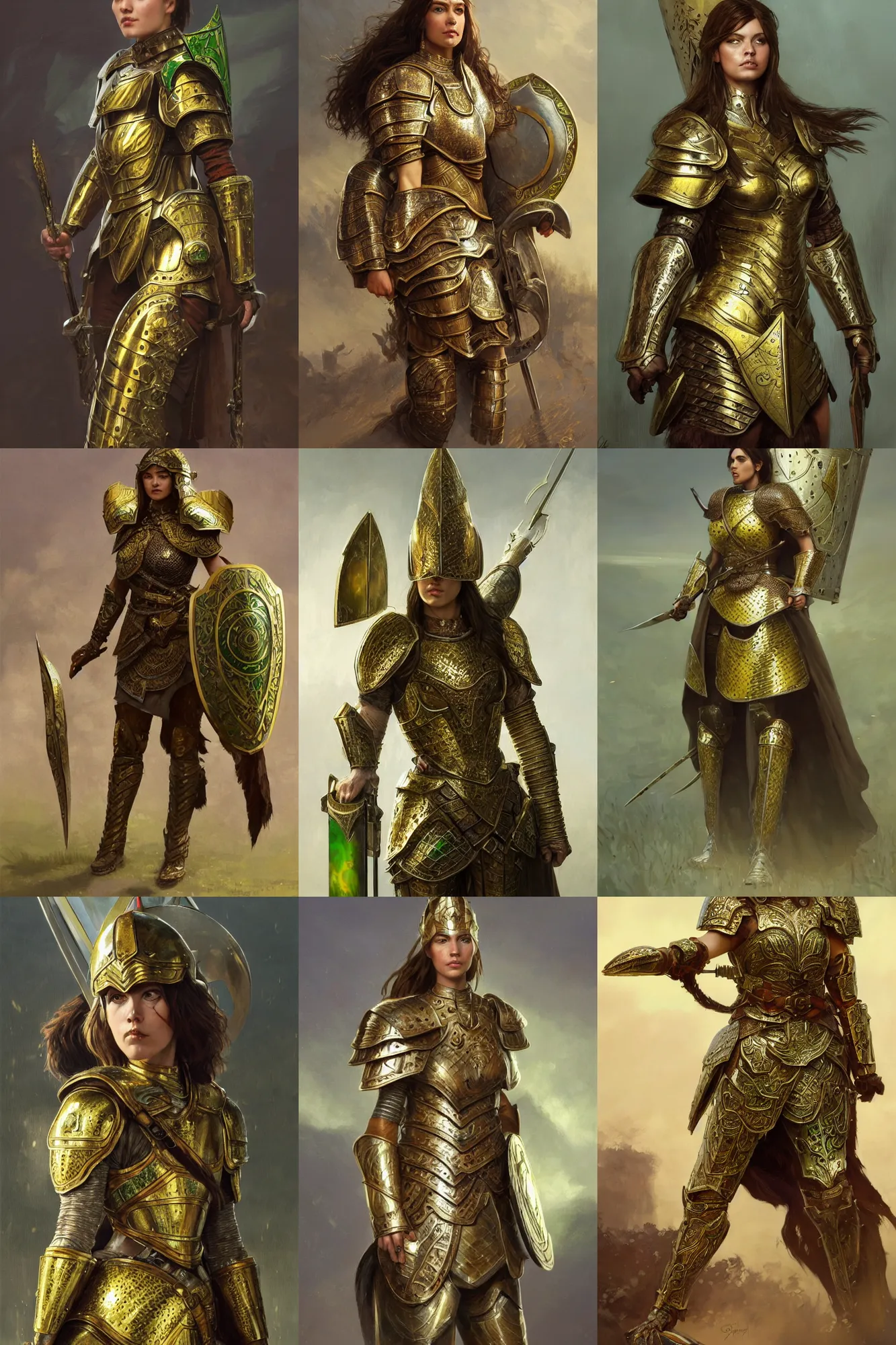 Prompt: full body portrait of a female warrior medium length brown hair and a very highly detailed face wearing elegant golden plate mail armor intricately painted with green and white accents, holding a rectangular tower shield, very highly detailed, artstation, cgsociety, realistic character concept art, sharp focus, by greg rutkowski, wlop, and alphonse mucha