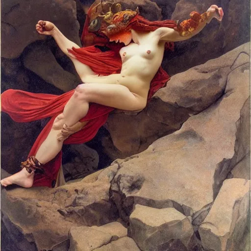 Image similar to a red, muscular dragon in a rocky desert by paul delaroche, alphonse mucha and arnold böcklin arnold böcklin hyperrealistic 8k, very detailed