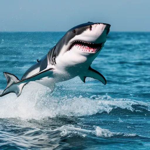 Prompt: action photo of ai - shark jumping from surface of the sea, from nature journal, 1 / 1 0 0 0 sec shutter, action photo