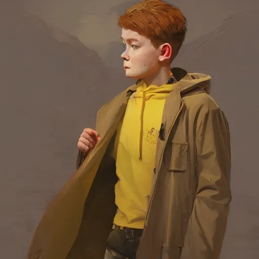 Image similar to a highly detailed epic cinematic concept art CG render digital painting artwork costume design: pixie cut Sadie Sink in a 1950s man's coat and hoodie. muted colors with some yellow accents. By Greg Rutkowski, Ilya Kuvshinov, WLOP, Stanley Artgerm Lau, Ruan Jia and Fenghua Zhong, trending on ArtStation, made in Maya, Blender and Photoshop, octane render, excellent composition, cinematic atmosphere, dynamic dramatic cinematic lighting, aesthetic, very inspirational, arthouse