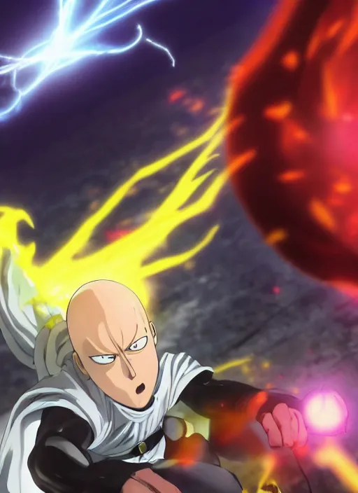 Prompt: Realistic portait of Saitama raging to the camera, ruined anime city background, fallen meteor, hero, one punch man, movie shot, cinematic perspective, full hd, studio, Vibrant colors, 8k
