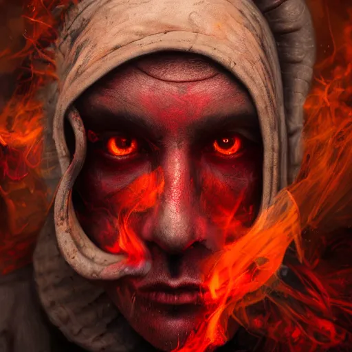 Image similar to realistic extremely detailed photo style portrait painting of a demon with smoke for a head and red burning eyes, rich moody colors, octane render, 4k