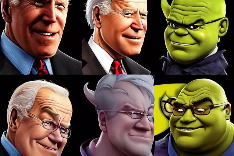 Prompt: Joe biden as a superhero fighting shrek and peter griffin, beautiful androgynous prince, featured on artstation, cinematic chiaroscuro, digital art by Leyendecker and Norman Rockwell