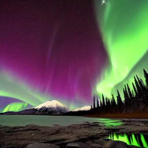 Prompt: a photograph of an alaskan landscape at night with aurora borealis and stars visible, beautiful, photography, award winning, timelapse