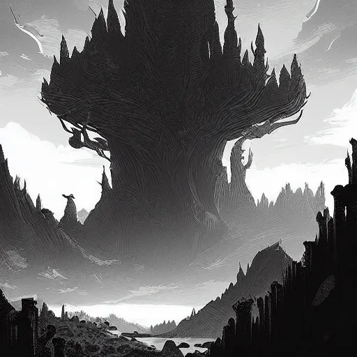 Image similar to fantasy landscape, vector art by greg rutkowski, b & w