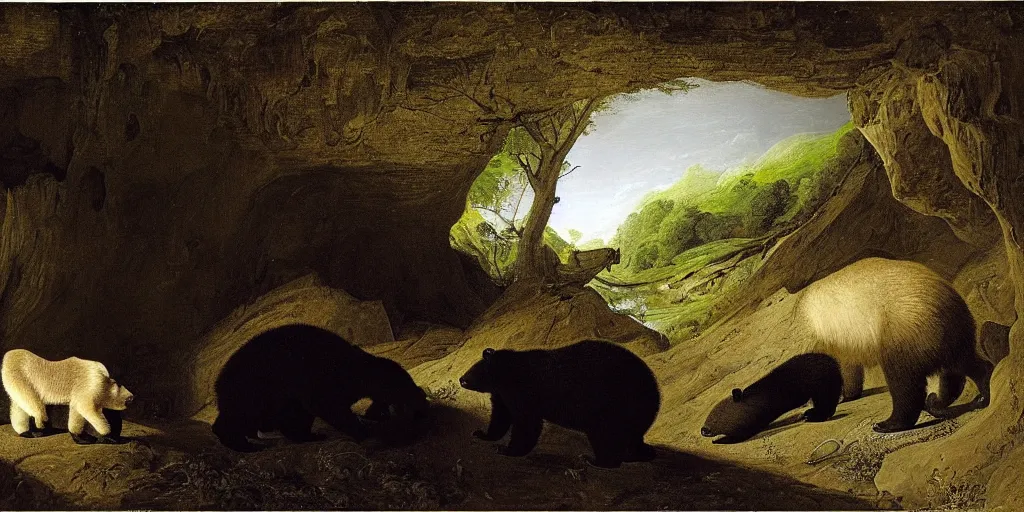 Image similar to viewer looking into dark cave and seeing a mother bear and her cubs sleeping, night time, artwork by Pieter Claesz, impressionism