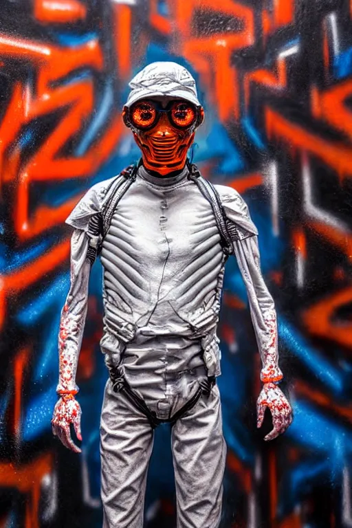 Image similar to hyperrealistic close-up exoskeleton!! chinese man covered in graffiti highly detailed concept art eric zener elson peter cinematic hard orange lighting high angle hd 8k sharp shallow depth of field
