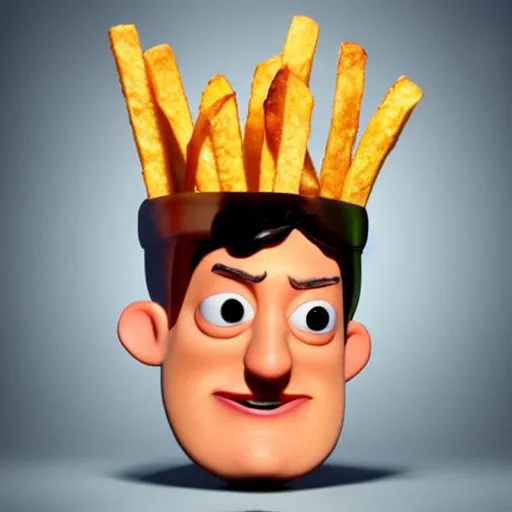 Image similar to photo of [ a single french fry chip ] shaped into stephen fry as a pixar character hybrid intercross mix cinematic lighting