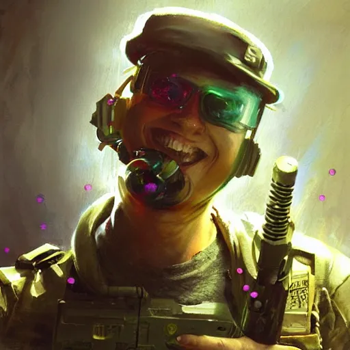 Prompt: portrait of soldier armed with a bubble gun. shadowrun cyberpunk fantasy detailed painting by craig mullins. cute bubbles and big smile